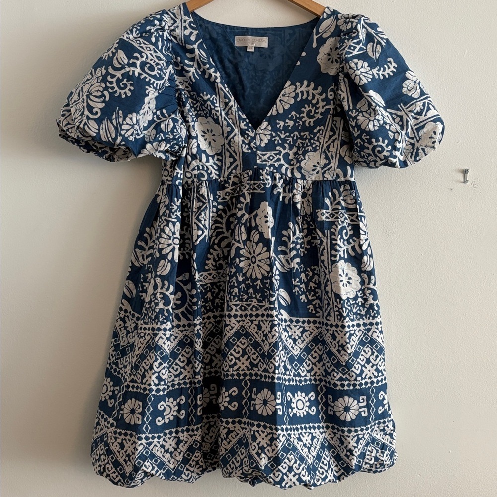 Caroline Constas Puff Sleeve Mini Dress Blue White Womens XS